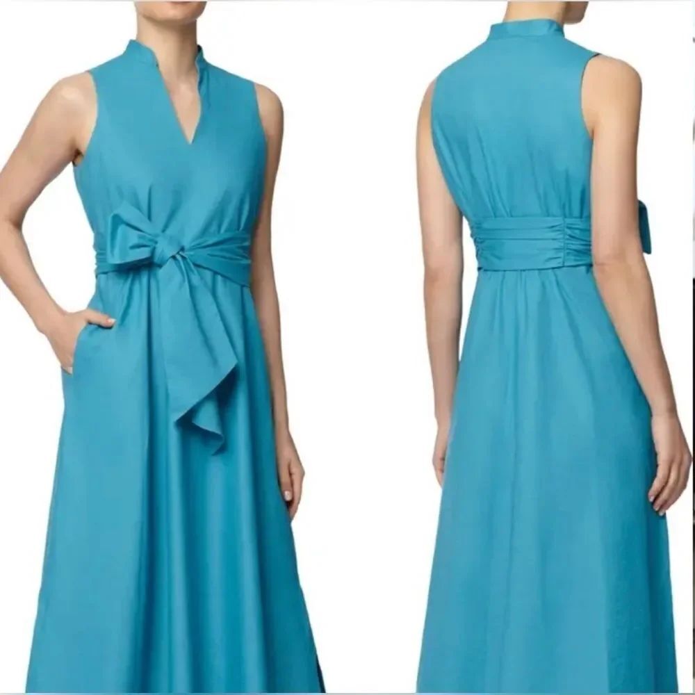 ANNE KLEIN Vera Tie Front Dress Calypso Turquoise Blue Sz 1X VNeck Sleeveless